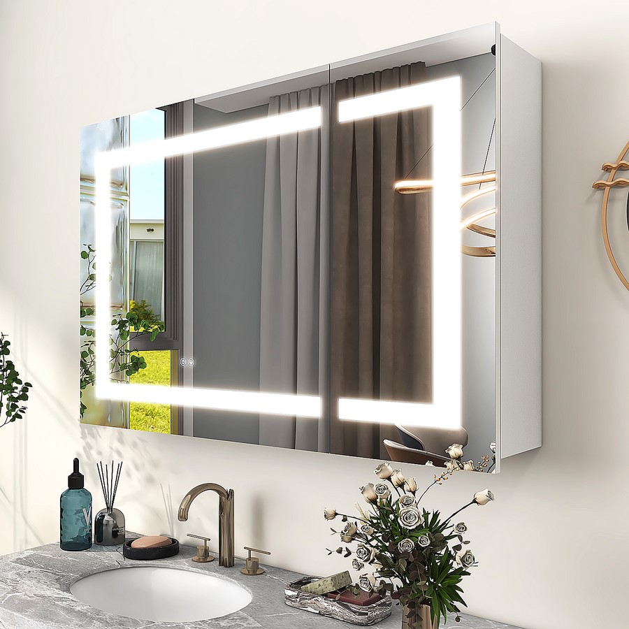 Mirplus Wall mounted or recessed Double-door LED Mirror Cabinet-812T with Large and Small door