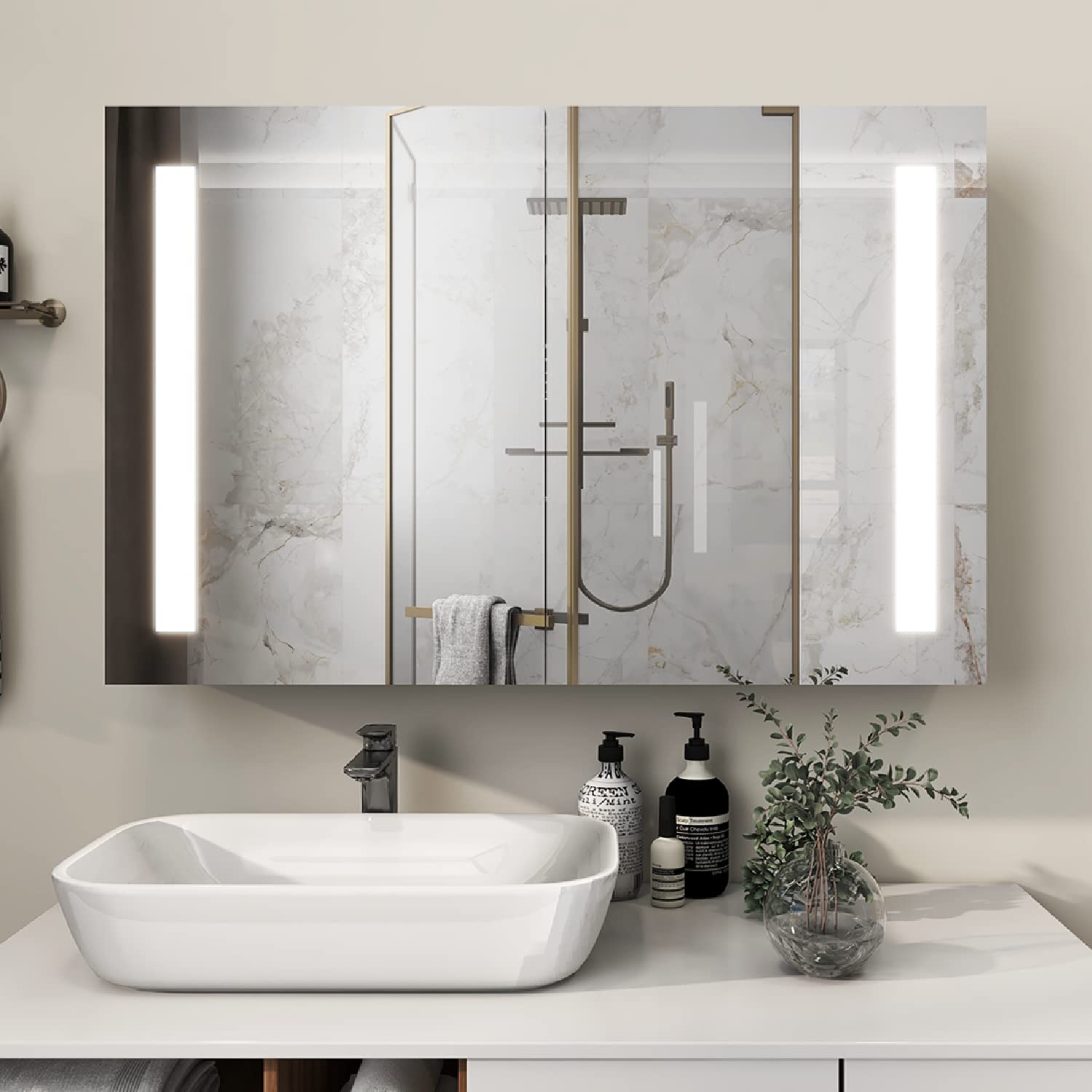 36x24 inch LED Half-Light Bathroom Medicine Cabinet with Vanity Mirror