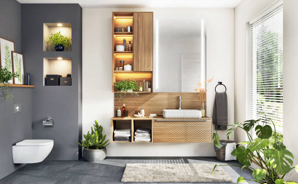 Modern elegant styles of bathroom vanity decoration area with wooden bathroom cabinet, toilet and so on.