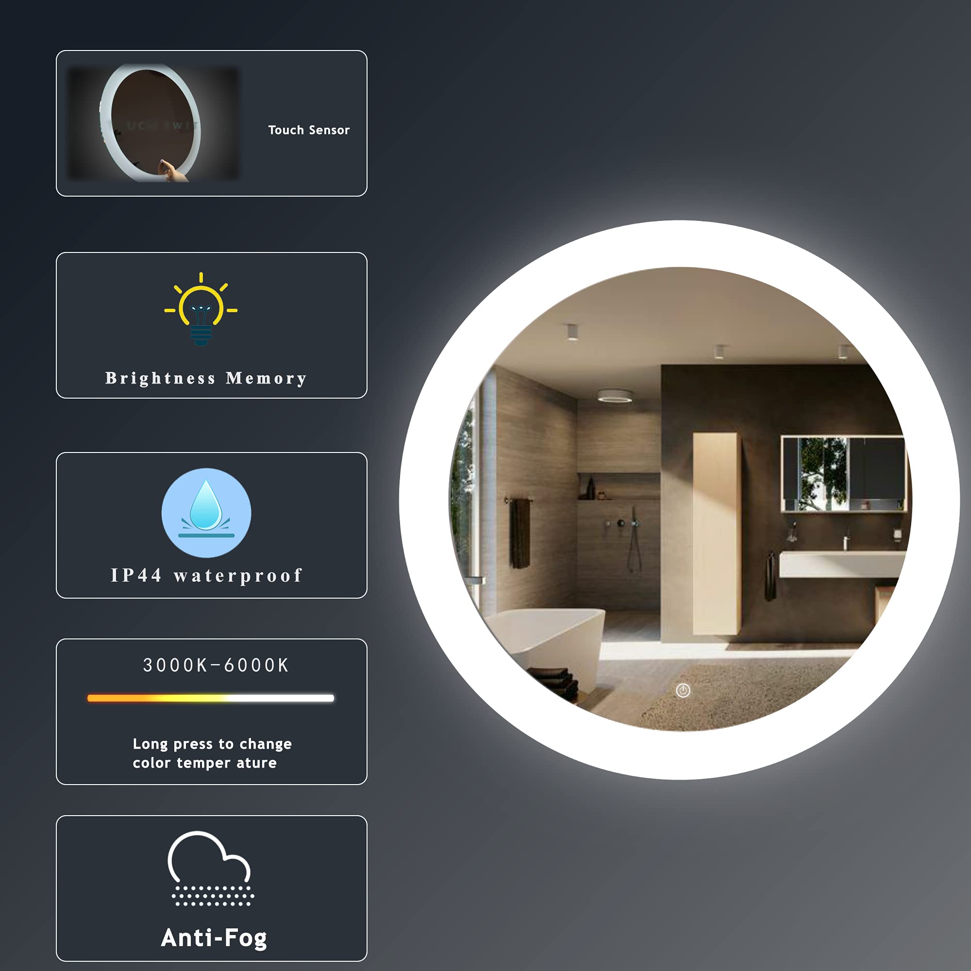 Mirplus modern round led mirror with multi-functions and characteristic displaying