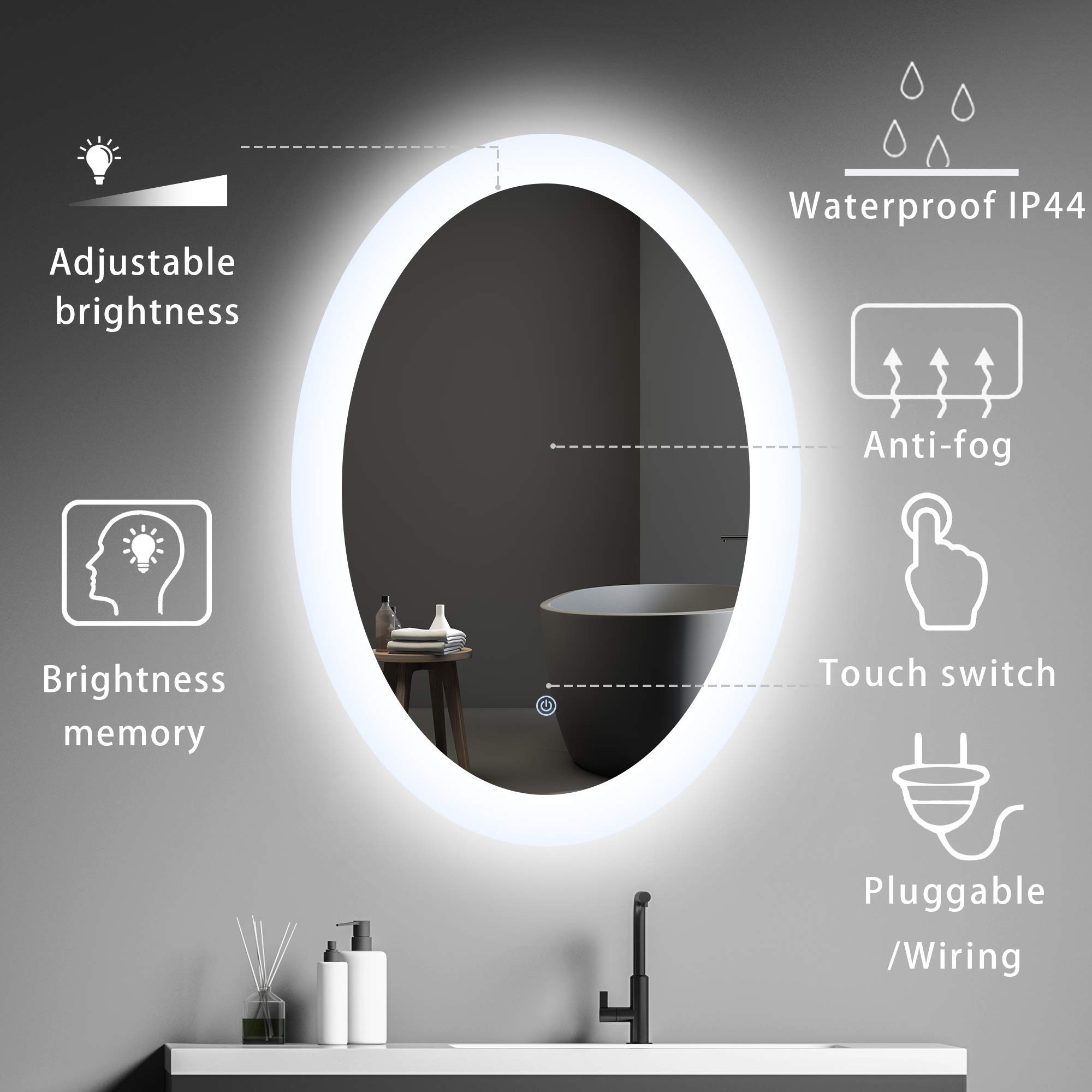 Mirplus Modern oval Backlit 32x24 inch led mirror with multi- functions displays.