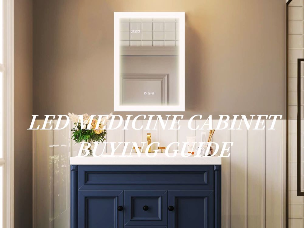 Modern bathroom with a blue vanity and a wall-mounted LED medicine cabinet mirror with touch controls