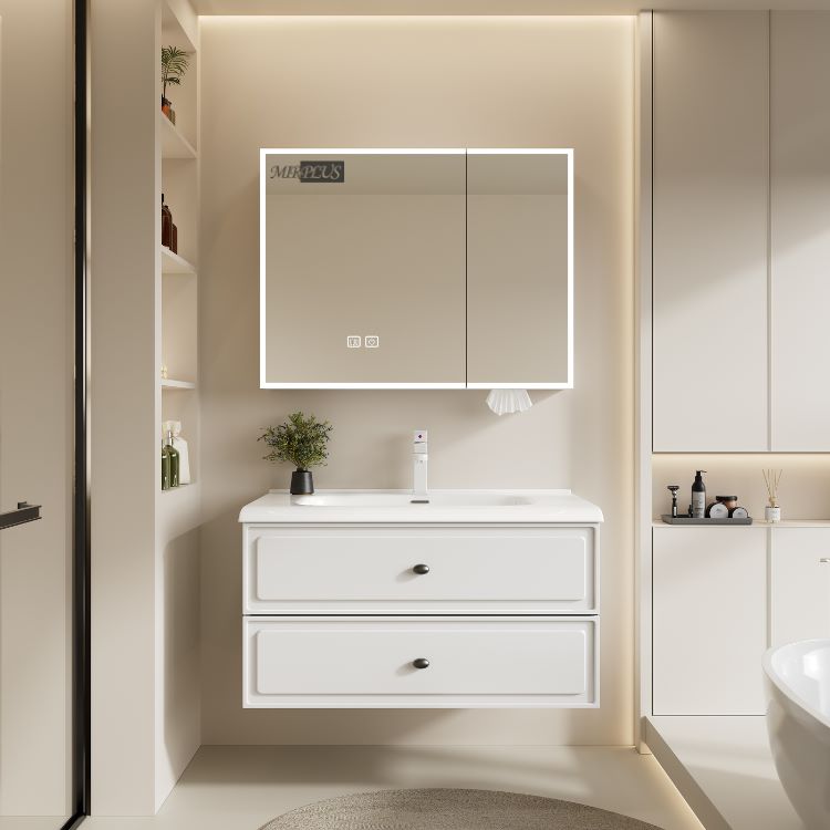 Mirplus modern white wall-mounted bathroom vanity set with LED lighted mirror cabinet and soft warm lighting