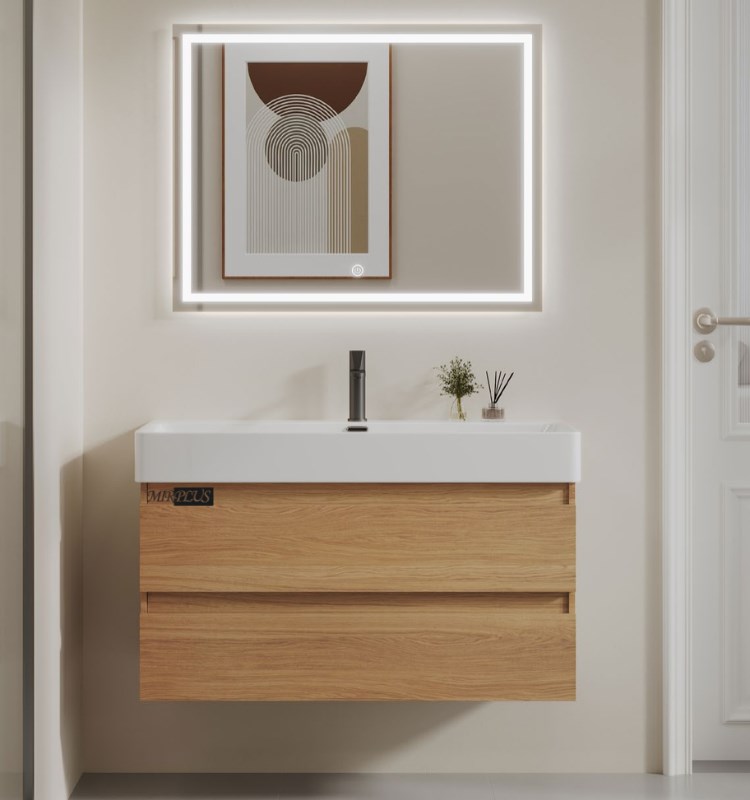 Front view of MIRPLUS F5153 wall-mounted wooden bathroom cabinet with rectangular LED mirror.