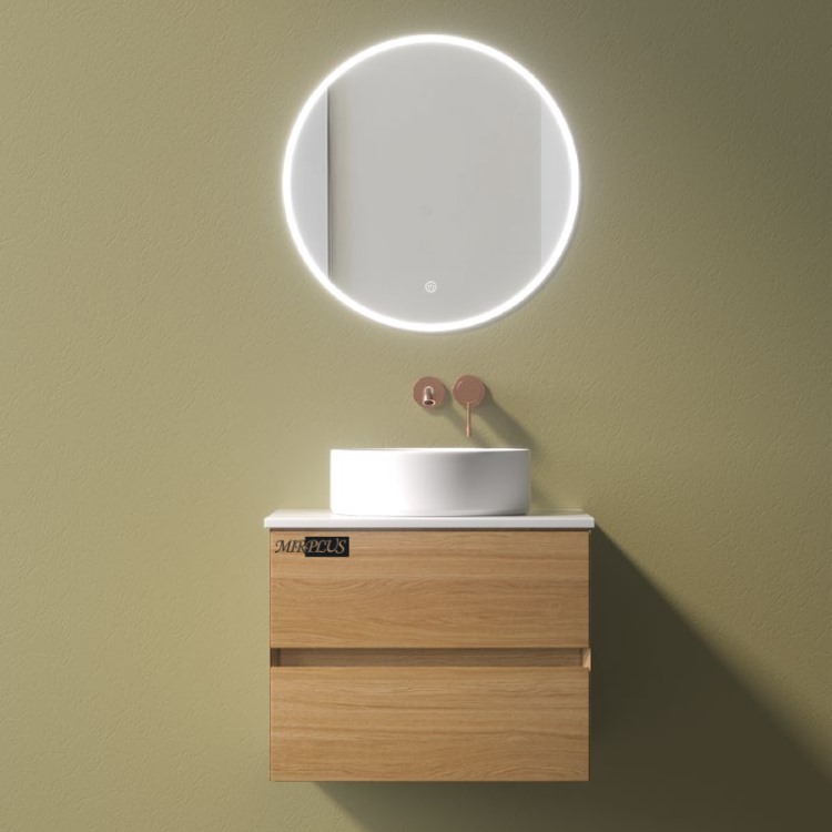 Front view of MIRPLUS F5129 wall-mounted LED mirror bathroom cabinet with round illuminated mirror and solid wood base.