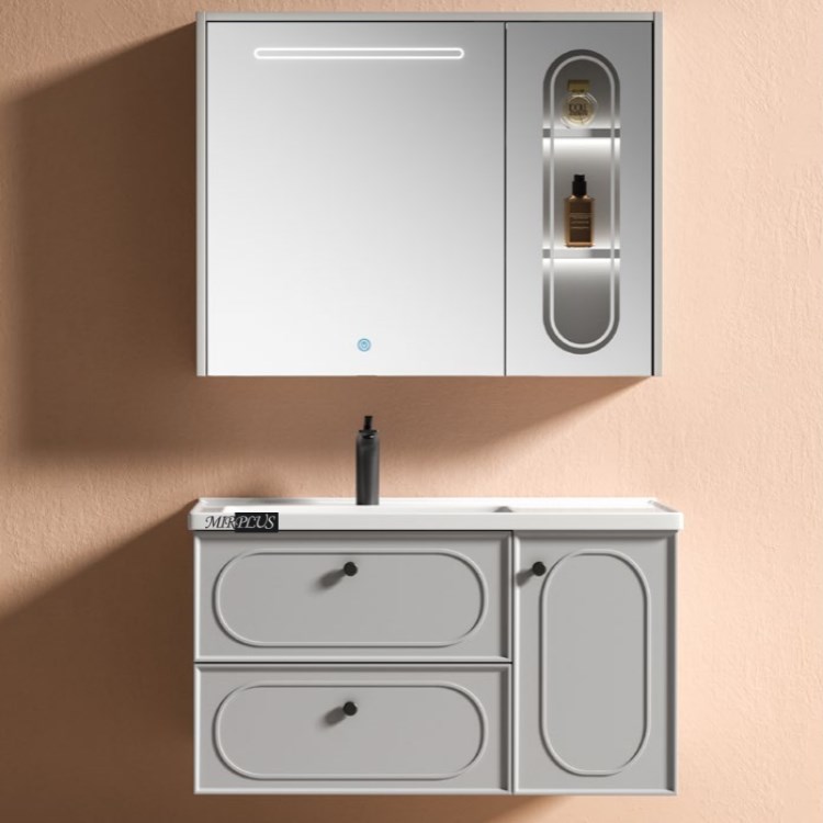 MIRPLUS modern wall-mounted bathroom vanity with LED mirror and two-tone drawers in bright beige setting