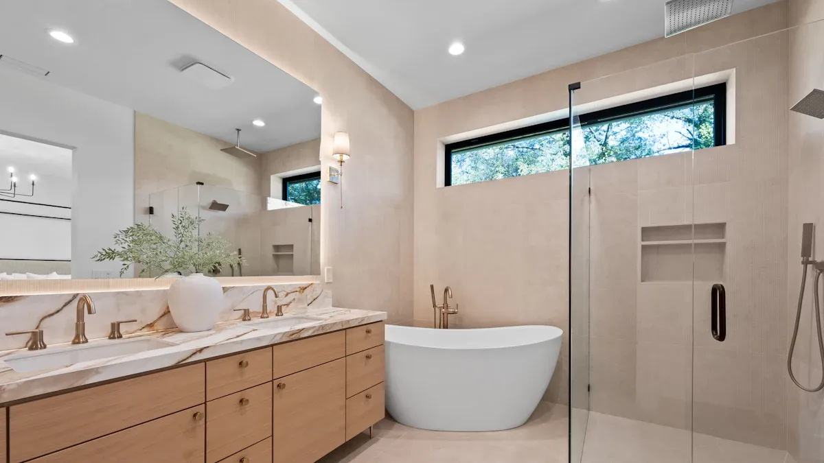 light wood bathroom vanities decorate a modern style bathroom