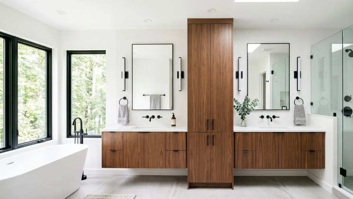 A bright, modern master bathroom vanity with tall cabinets and seamless, floor-to-ceiling tall cabinet in the center.