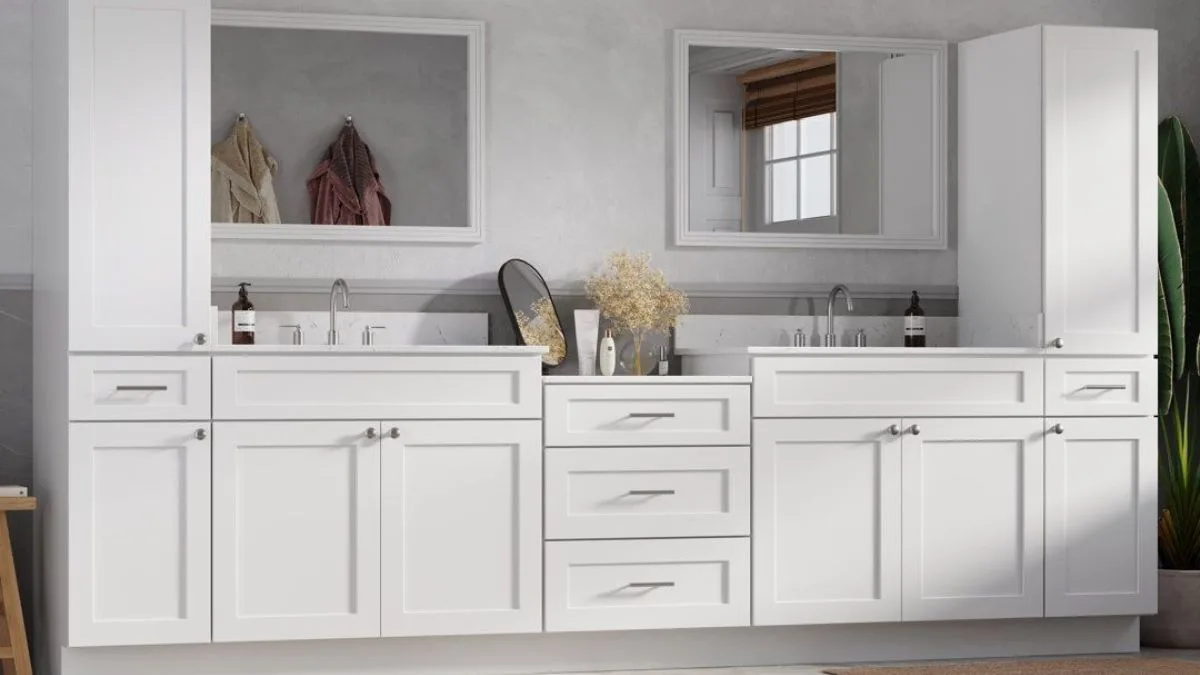 A modern design bathroom featuring a double vanity with a tall cabinet