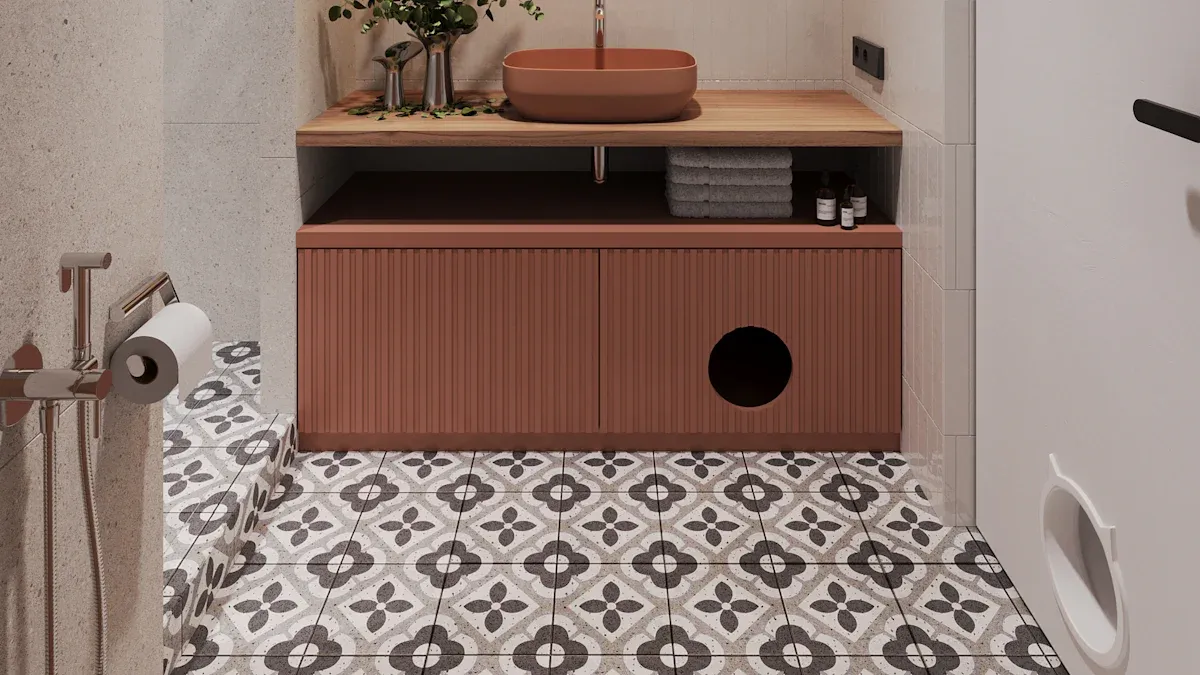 A small bathroom remodel featuring a floating wood vanity and a curbless glass shower to maximize visible floor space.