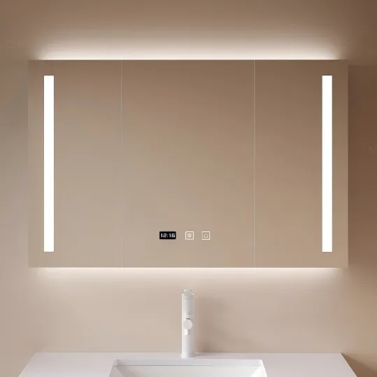Smart LED mirror cabinet Model 885291 with vertical light strips, digital clock display, and touch sensor controls.