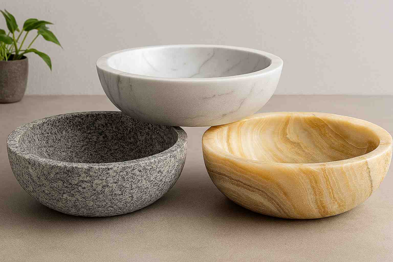 Three natural stone bathroom sinks made of granite, marble, and onyx, displayed on a neutral countertop with soft lighting.
