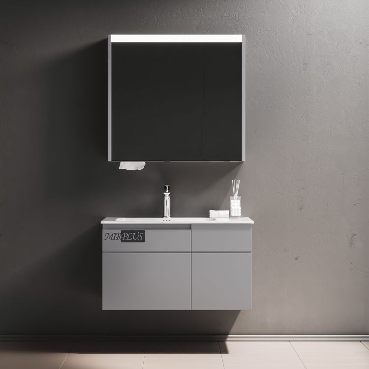 Mirplus Modern bathroom B041 with a grey vanity and a wall-mounted LED mirror cabinet