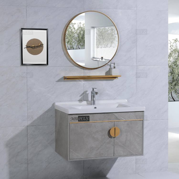 Mirplus wall-mounted bathroom vanity with round mirror and gold accents in modern bathroom setting