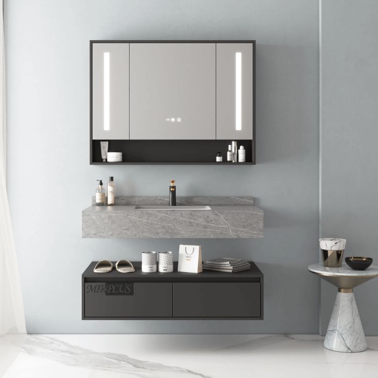 MIRPLUS New Design Led Mirror Wall-Hung dark color Bathroom Vanity 7704 with Slate Countertop