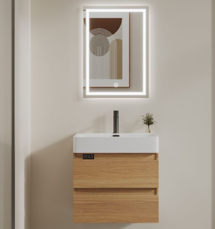Front view of MIRPLUS F5153 wall-mounted wooden bathroom cabinet with rectangular LED mirror.