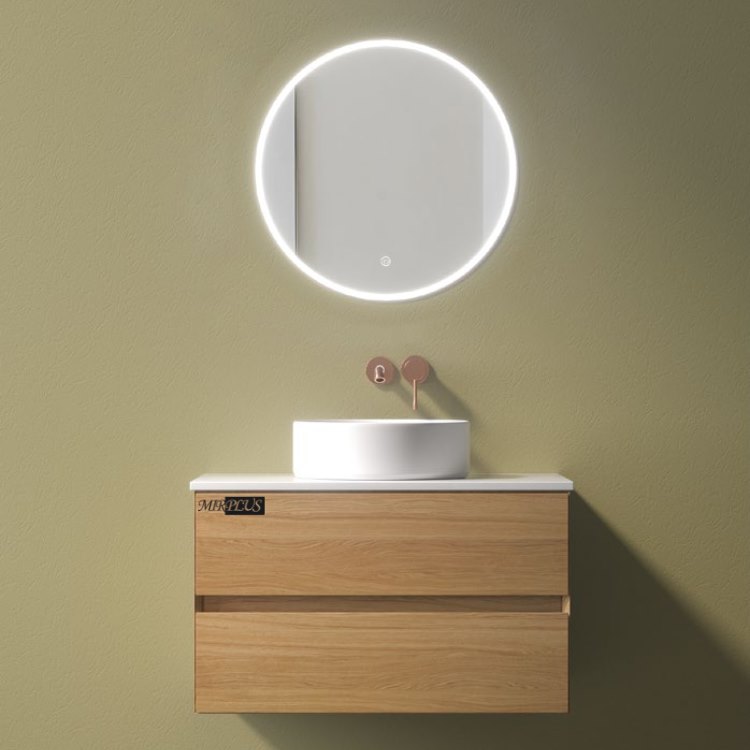 Front view of MIRPLUS F5130 wall-mounted LED mirror bathroom cabinet with round illuminated mirror and solid wood base.