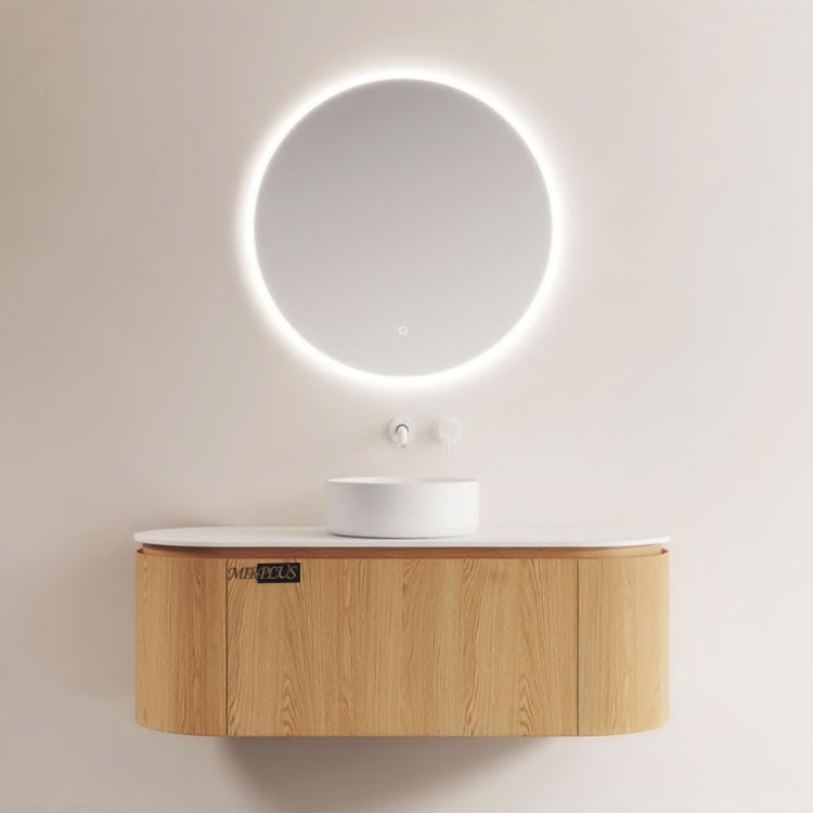 Front view of MIRPLUS FK516S wall-mounted LED mirror bathroom cabinet with solid wood base and round lighted mirror.