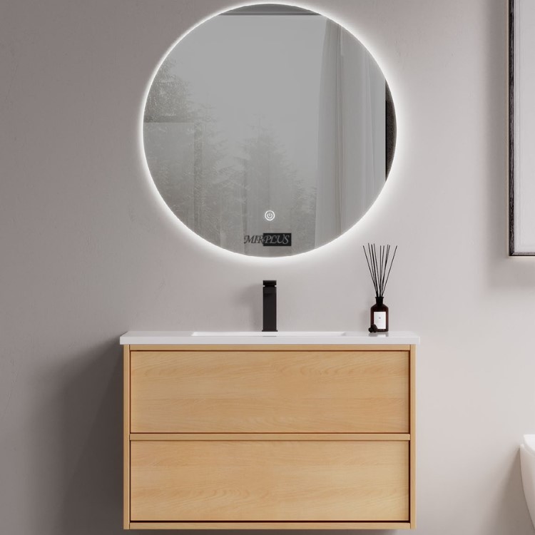 Front view of MIRPLUS F5136 wooden color wall-mounted LED mirror cabinet with solid wood vanity base and round illuminated mirror.