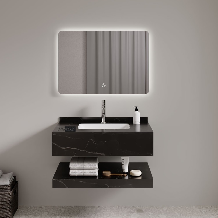 Mirplus Modern Luxury Black Marble Bathroom Vanity with LED Mirror, Wall-Mounted T-108 Series