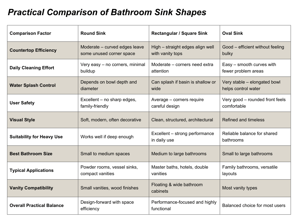 how to choose a right bathroom sink shape: practical cpmparison of bathroom sink shapes