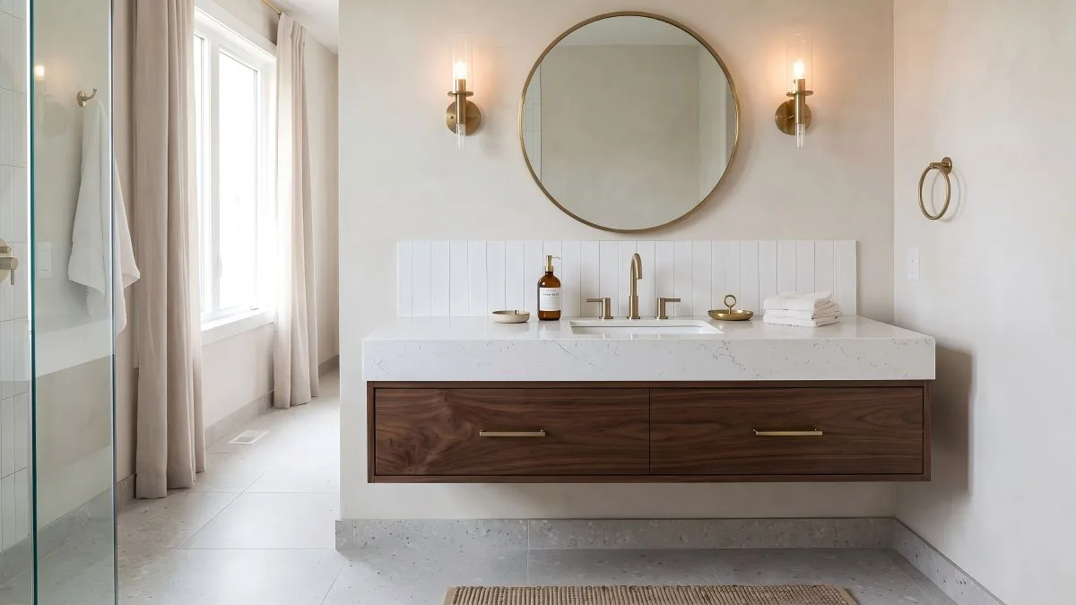 A sleek dark wood bathroom vanity with brushed brass hardware and a white quartz top.
